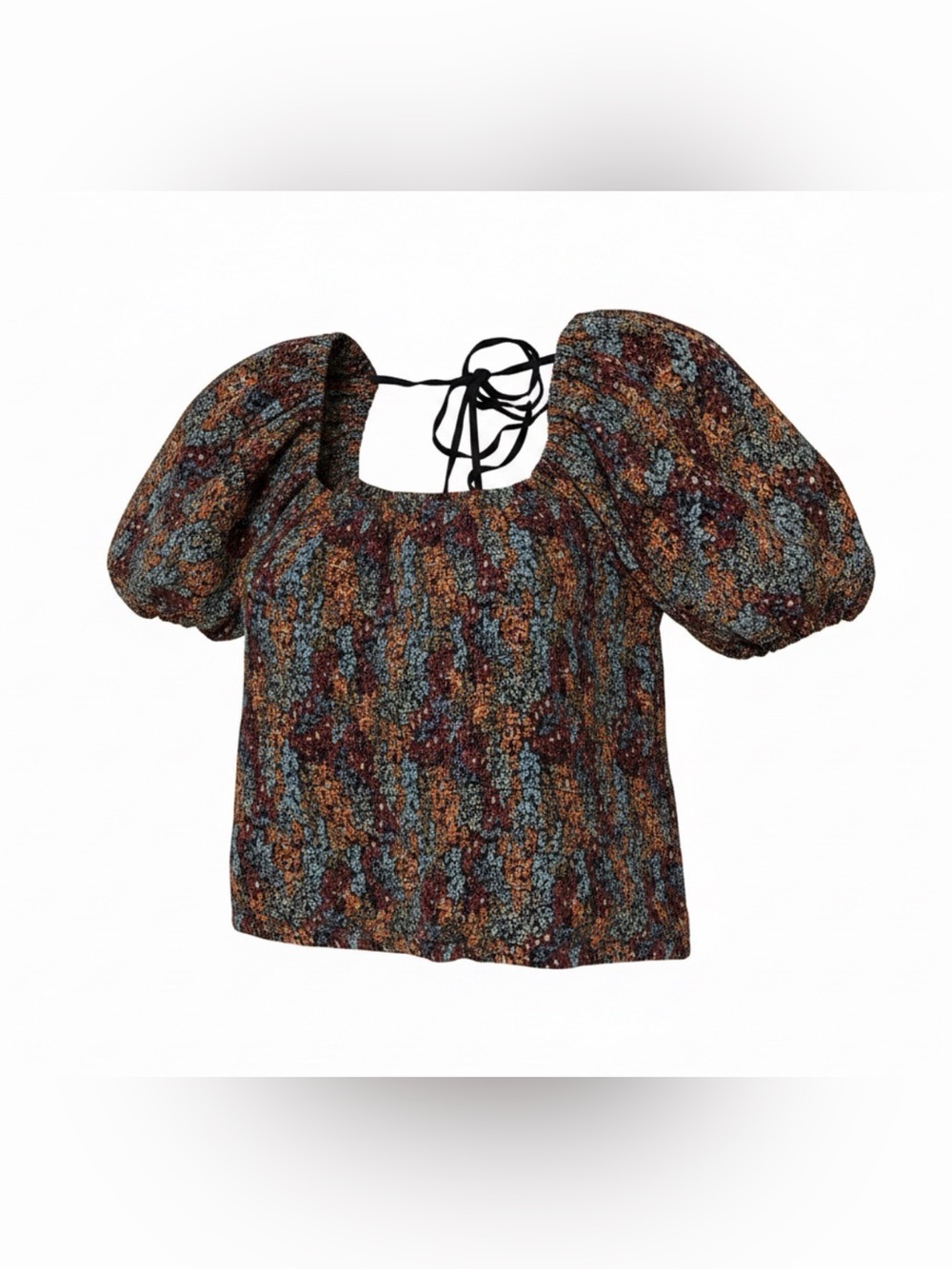Free People Back On Top Smocked Puff Sleeve Cropped Blouse Black Floral Combo